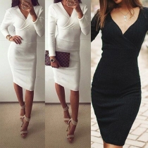 Sexy V-neck Long Sleeve Solid Color Bodycon Dress