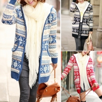 Fashion Long Sleeve Hooded Snowflake Printed Knit Coat