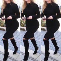 Fashion Solid Color Long Sleeve Round Neck Sheath Dress