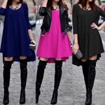 Fashion Solid Color 3/4 Sleeve Round Neck Loose T-shirt Dress
