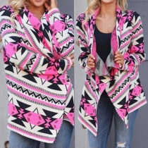 Fashion Long Sleeve Open-front Printed Knit Cardigan