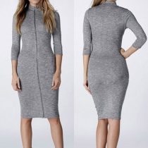 Fashion Solid Color 3/4 Sleeve Stand Collar Zipper Slim Fit Dress