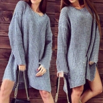 Fashion Solid Color Long Sleeve Round Neck Slit Hem Sweater Dress