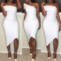 Sexy Oblique Shoulder Irregular Hem Solid Color Bodycon Dress