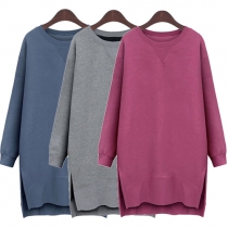 Fashion Solid Color Long Sleeve Round Neck Slit High-low Hem Sweatshirt