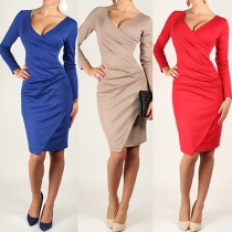 Sexy Deep V-neck Long Sleeve Slim Fit Solid Color Dress