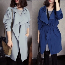 OL Style Solid Color Long Sleeve Trench Coat with Waist Strap
