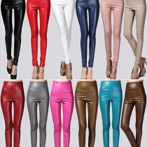 Fashion Solid Color High Waist Slim Fit Warm PU Leather Pants
