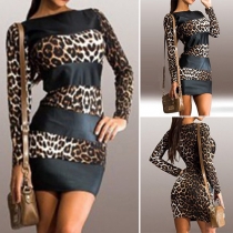 Fashion Contrast Color Long Sleeve Round Neck Slim Fit Leopard Dress