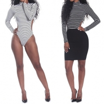 Sexy Backless Turtleneck Long Sleeve Striped Rompers