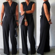 Fashion Solid Color Sleeveless V-neck High Waist Jumpsuits