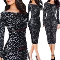 Fashion Long Sleeve Round Neck Slim Fit Leopard Dress