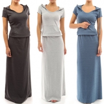 Fashion Solid Color Short Sleeve Hooded Maxi Dress