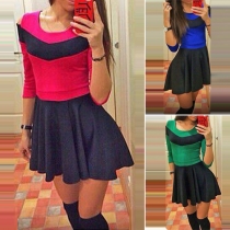 Fashion Contrast Color Long Sleeve Round Neck High Waist Dress