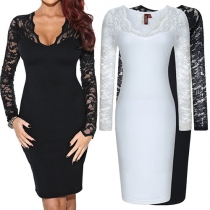 Sexy Lace Spliced Long Sleeve V-neck Slim Fit Dress