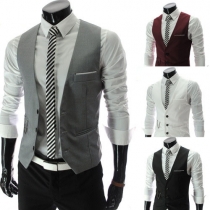 Fashion Solid Color V-neck Single-breasted Men's Suit Vest