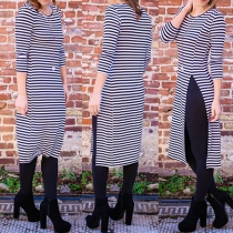 Fashion Long Sleeve Round Neck Side Slit Hem Striped Dress