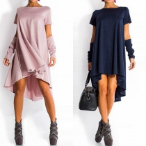 Fashion Solid Color Short Sleeve Round Neck High-low Hem Loose Dress