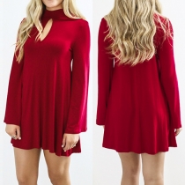 Fashion Solid Color Long Sleeve Round Neck Hollow Out Dress