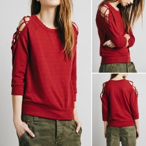 Sexy Off-shoulder Long Sleeve Round Neck Solid Color T-shirt