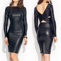 Sexy Crossover Backless Long Sleeve Slim Fit PU Leather Dress