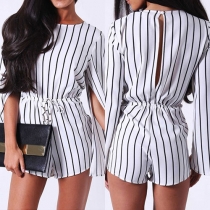 Fashion Slit Long Sleeve Round Neck High Waist Striped Rompers