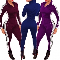 Sports Style Long Sleeve Solid Color Slim Fit Jumpsuits
