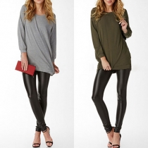 Sexy Backless Long Sleeve Round Neck High-low Hem Solid Color T-shirt