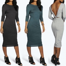 Sexy Backless 3/4 Sleeve Solid Color Slim Fit Dress