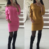 Fashion Solid Color Long Sleeve Round Neck Sweatshirt + Bust Skirt Set