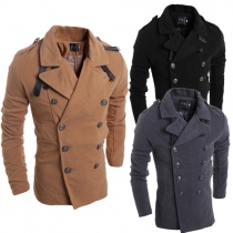 Fashion Solid Color Long Sleeve Double-breasted Men's Woolen Coat