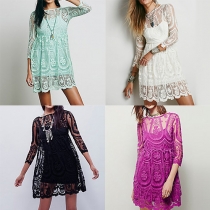 Sexy See-through Lace Crochet 3/4 Sleeve Dress
