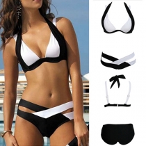 Sexy Contrast Color Crossover Halter Bikini Set