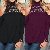 Sexy Off-shoulder Long Sleeve Lace Spliced Turtleneck Tops
