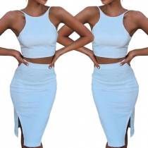 Sexy Solid Color Cami Tops + High Waist Slit Hem Bust Skirt Two-piece Set