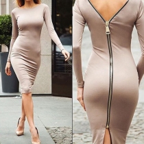 Sexy Backless Long Sleeve Solid Color Slim Fit Party Dress