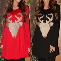 Fashion Long Sleeve Round Neck Elk Printed Dress