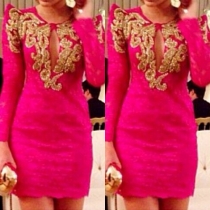 Elegant Solid Color Long Sleeve Round Neck Embroidery Dress