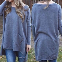 Fashion Solid Color Long Sleeve Round Neck High-low Hem Loose T-shirt