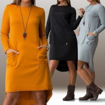 Chic Style Long Sleeve Round Neck High-low Hem Solid Color Dress
