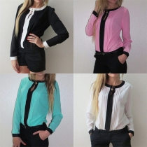 Fashion Contrast Color Long Sleeve Round Neck Chiffon Tops