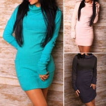 Fashion Solid Color Long Sleeve Turtleneck Slim Fit Dress