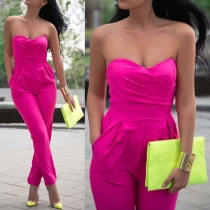 Sexy Strapless High Waist Slim Fit Solid Color Jumpsuits
