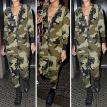 Navy Style Long Sleeve Deep V-neck Camouflage Printed Jumpsuits
