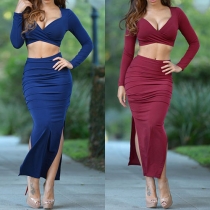 Sexy Deep V-neck Long Sleeve Crop Tops + High Waist Slit Hem Skirt Set