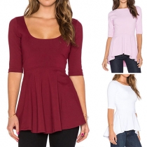 Fashion Solid Color Half Sleeve Round Neck High-low Hem Tops