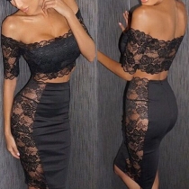 Sexy Off-shoulder Crop Tops + High Waist Bust Skirt Lace Two-piece Set