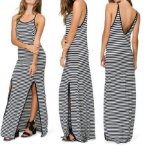 Sexy Backless Slit Hem Striped Maxi Dress