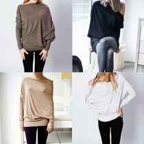 Sexy Slash Neck Dolman Sleeve Solid Color Loose T-shirt