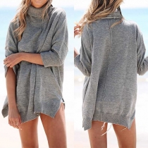 Fashion Solid Color Long Sleeve Turtleneck Slit Hem Knit Tops